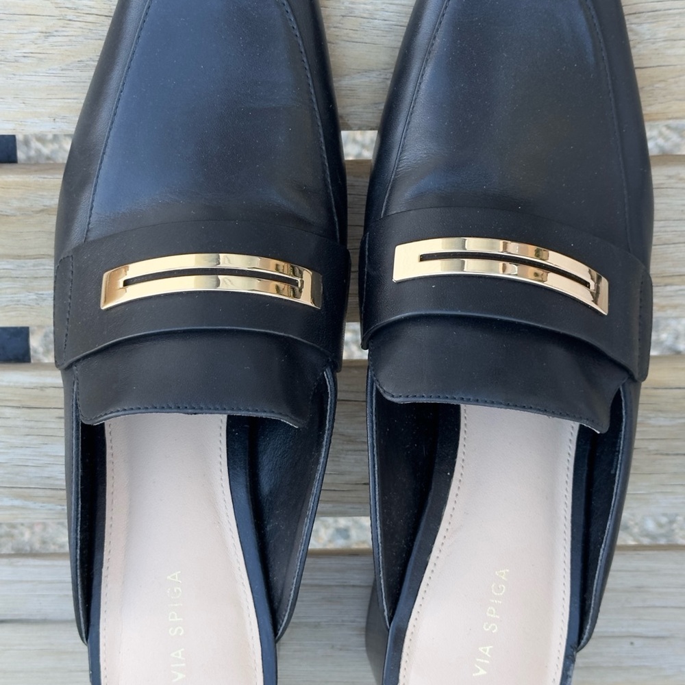 New Via Spiga Black Leather Heeled Loafers with Gold Accent